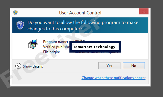 Screenshot where Tomorrow Technology appears as the verified publisher in the UAC dialog